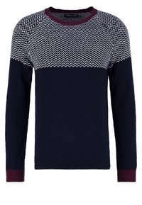 Maglione blu navy con un motivo geometrico bianco nella parte superiore, polsini e scollo a coste color bordeaux, realizzato in morbido tessuto a maglia.