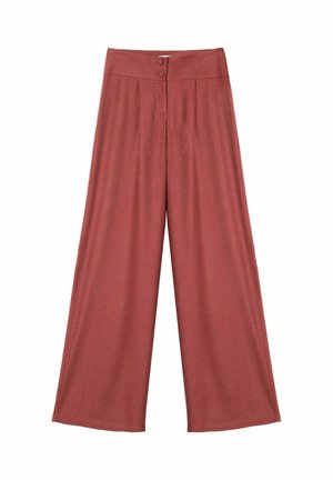 Pantalones de pierna ancha y talle alto en color óxido con cierre de doble botón en la pretina, mostrados planos sobre un fondo blanco.
