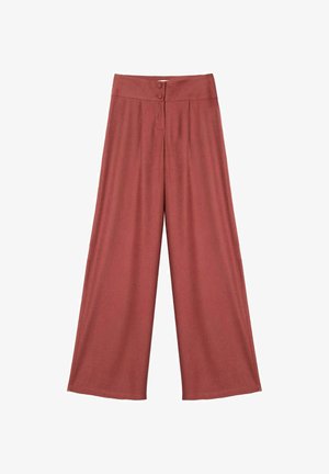 Pantalones de pierna ancha y talle alto en color óxido con cierre de doble botón en la pretina, mostrados planos sobre un fondo blanco.