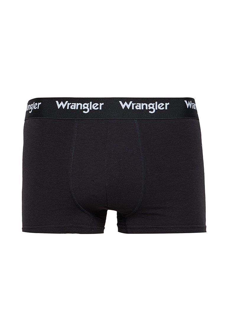Czarne bokserki męskie z szerokim pasem, na którym wielokrotnie powtórzono białe logo "Wrangler".