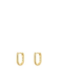 Orecchini a cerchio in oro a forma ovale intrecciata, caratterizzati da una superficie liscia e una finitura lucida, con un branding sottile su un pezzo.