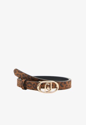 Leopard print belt made of textured leather, featuring a gold-tone oval buckle with logo detail and black interior lining.