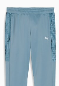 Hellblaue Sporthosen mit einer strukturierten, gemusterten seitlichen Einsatzt in dunkleren Blautönen. Elastischer Bund und weißes Logodesign.