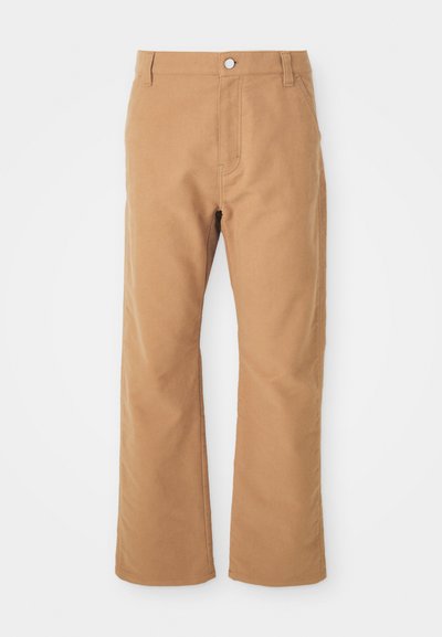 Brown cotton pants with a straight leg design, featuring a single button closure and subtle stitching for added detail.