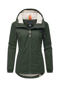 Dark green hooded jacket with a soft cream interior lining, front zipper, and adjustable drawstring. Features a patterned yoke and logo.
