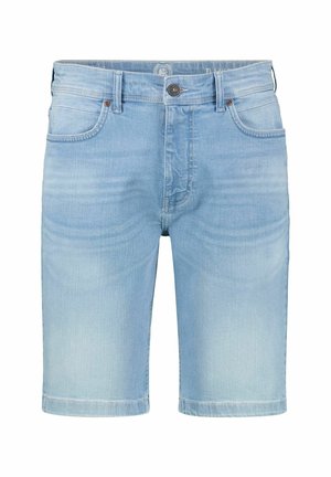 Lyseblå denimshorts med lige snit, fem lommers design, metalknaplukning og diskret falmning af stoffet.