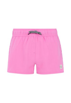 Pantaloni da bagno rosa con vita elastica e cordino nero, dotati di una piccola patch sul fronte e pannelli laterali in rete.