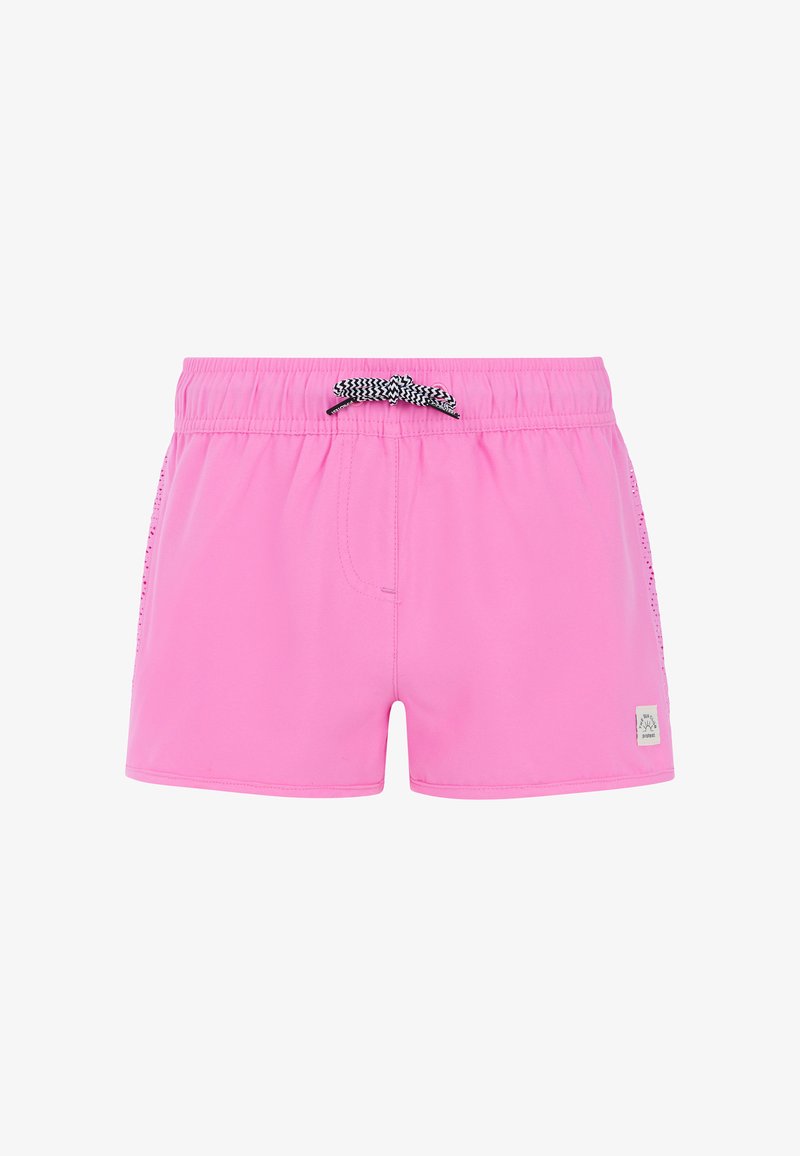 Roze zwembroek met een elastische tailleband en zwarte trekkoorden, voorzien van een klein logo aan de voorkant en mesh zijkanten.