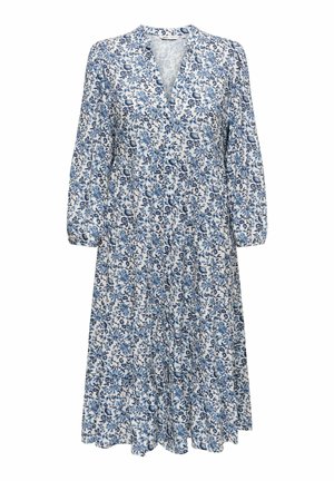 Robe mi-longue à manches longues avec motif floral bleu et marine sur fond blanc, col en V et panneaux de jupe froncés.