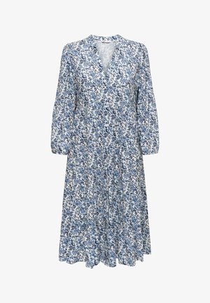 Pikemate varrukatega midi kleit siniste ja tumesiniste lillemustritega valgel taustal, V-kaelusega ja volditud seelikupaneelidega.