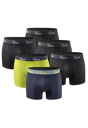 Sechs Paare Herren-Boxershorts in Schwarz, Marineblau und Neon-Gelb, aus elastischem Stoff mit elastischen Taillenbändern mit Logo.