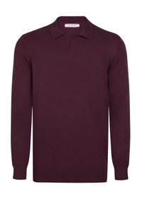 Vinrød langærmet polo sweater med blød tekstur, der har en klassisk krave og ribstrikkede manchetter for en tætsiddende finish.