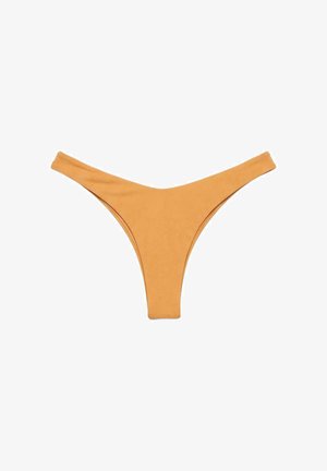 Bas de bikini femme couleur bronze uni avec des découpes hautes aux jambes et une couverture minimale, posé à plat sur fond blanc.
