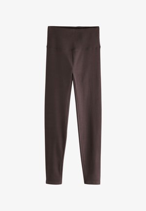 Tmavě hnědé legíny s vysokým pasem a plnou délkou, vyrobené z hladké elastické látky s širokým elastickým pasem.