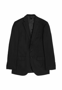 Černý blazer s klopovým límečkem, dvouknoflíkovým zapínáním a předními kapsami. Hladká, texturovaná tkanina s jemným leskem a manžetami se čtyřmi knoflíky.