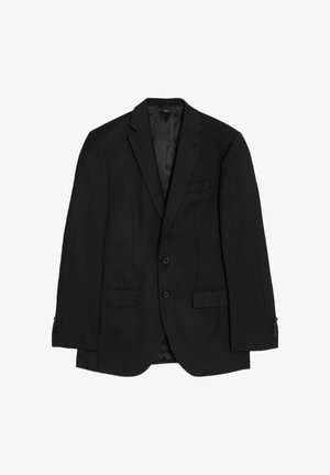 Zwarte blazer met een ingesneden revers, sluiting met twee knopen en voorzakken. Glad, gestructureerd stof met een subtiele glans en manchet met vier knopen.