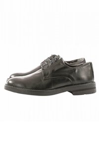 Scarpe eleganti in pelle nera con finitura liscia, punta tonda, design con lacci e suola piatta in gomma. Presentano cuciture semplici e accenti minimi.