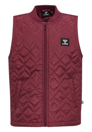 Pologt maroon vest med høj krave, frontlynlås og sidelommer. Har et lille logo på venstre bryst og en diamantmønsterstruktur.