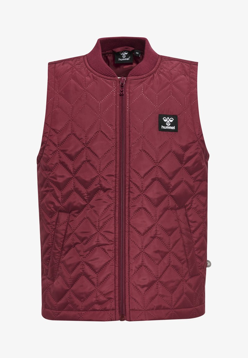 Gepolsterte kastanienbraune Weste mit hohem Kragen, Vorderreißverschluss und Seitentaschen. Verfügt über ein kleines Logo auf der linken Brust und eine Rautenmuster-Textur.