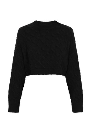 Pull cropped noir avec un design en tricot à torsades texturées, encolure ronde et manches longues. Matériau doux et épais avec des bords côtes.