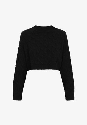 Pull cropped noir avec un design en tricot à torsades texturées, encolure ronde et manches longues. Matériau doux et épais avec des bords côtes.