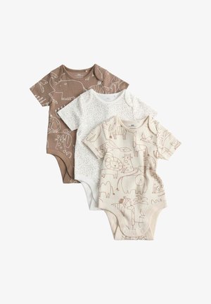 Tre kortærmede babybodystykker i neutrale farver: ét med dyreskitser, ét med små prikker og ét med linjetegnede dyr.