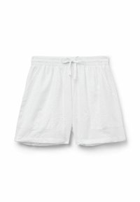 Shorts en coton blancs avec un motif de broderie florale texturée, taille élastique et cordon de serrage réglable. Design décontracté et léger.