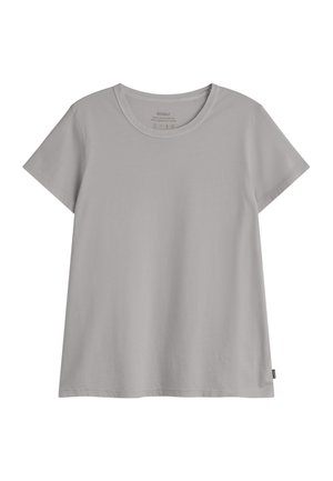T-shirt grigio chiaro a maniche corte con scollo tondo e una piccola etichetta laterale, mostrata distesa su uno sfondo bianco.