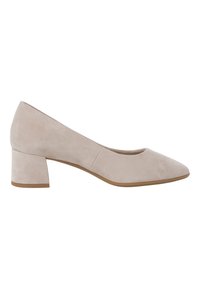 Zapato de ante beige con punta afilada, tacón bajo y textura suave. Sin patrones visibles ni detalles de herrajes.