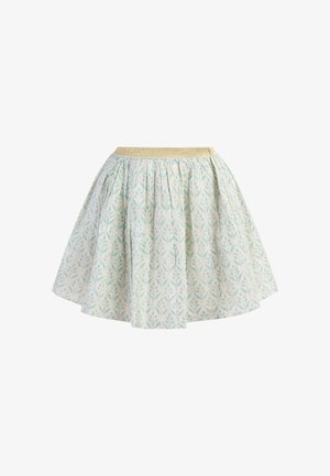 Világoskék és krémszínű mintás szoknya, rendezett kialakítással és arany rugalmas derékpánttal. Az egész szoknyát levélmotívumok díszítik.