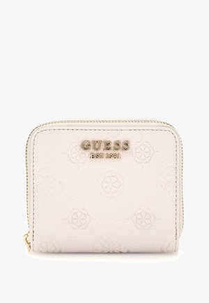 White textured leather wallet featuring embossed logos, gold-tone hardware, and a zip closure. Compact rectangular shape.