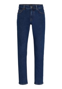 Mörkblå jeans gjorda av denim, med rak passform, femfickorsdesign och kontrasterande sömmar längs sömmarna.