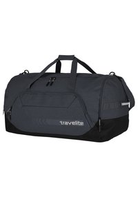 Grau gestreifter Stoff-Duffle-Bag mit schwarzem Boden, Reißverschluss-Hauptfach, zwei Griffen und "travelite"-Logo an der Seite. Strukturiertes Design.