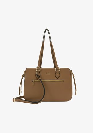 Bruine leren tote bag met een gestructureerde afwerking, gouden ritsen, een afneembare schouderriem en decoratieve gevlochten accenten.