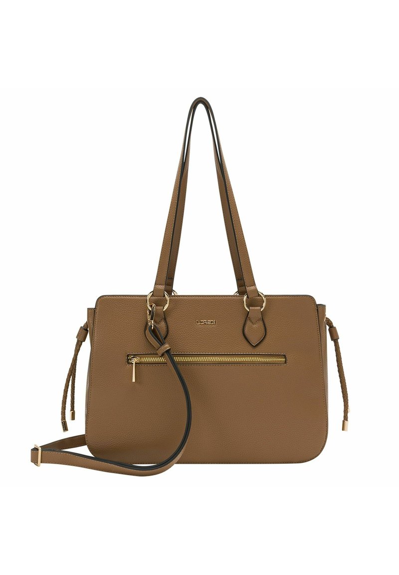 Sac fourre-tout en cuir marron avec une finition texturée, des fermetures éclair dorées, une bandoulière détachable et des accents tressés décoratifs.