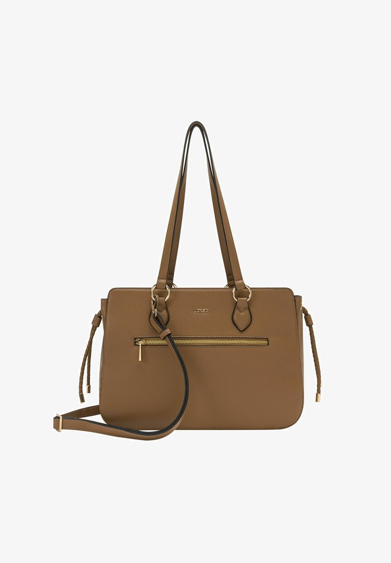 Sac fourre-tout en cuir marron avec une finition texturée, des fermetures éclair dorées, une bandoulière détachable et des accents tressés décoratifs.