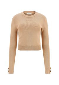 Beige ribbattu pitkähihaine villapaita, jossa on pyöreä kaula-aukko, lyhennetty malli ja nappiyksityiskohtia hihoissa. Pehmeä, kevyt kangas.