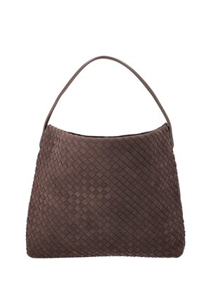 Brown leather handbag with woven pattern and single shoulder strap, trapezoid shape, soft texture, and subtle sheen.