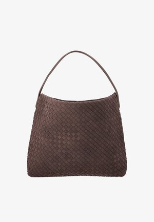Brown leather handbag with woven pattern and single shoulder strap, trapezoid shape, soft texture, and subtle sheen.