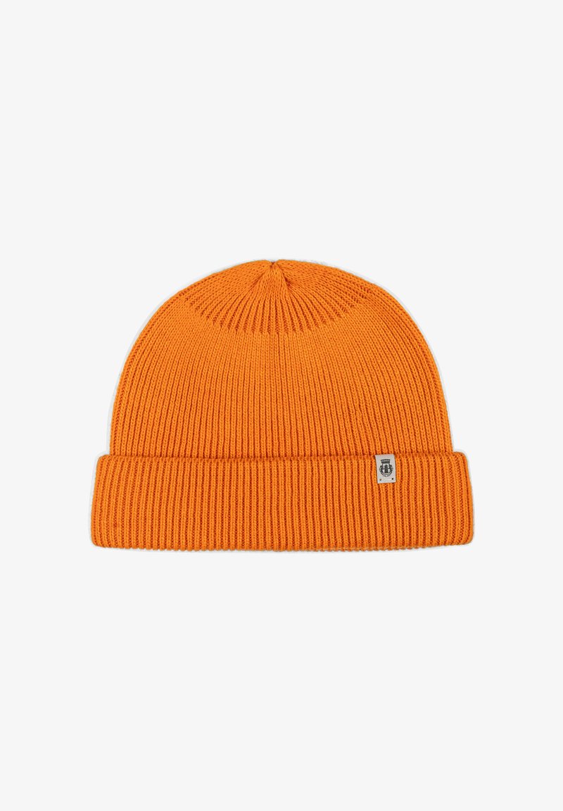 Orange knitted beanie featuring a ribbed texture and a folded cuff. A small tag is visible on the side of the cuff.