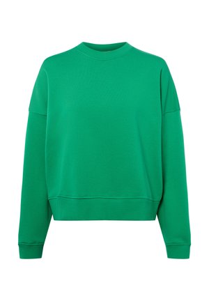 Grüner Pullover mit Rundhalsausschnitt, langen Ärmeln, gerippten Bündchen und Saum, auf weißem Hintergrund dargestellt.