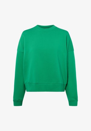 Groen crewneck-trui met lange mouwen, geribbelde boorden en zoom, weergegeven op een witte achtergrond.