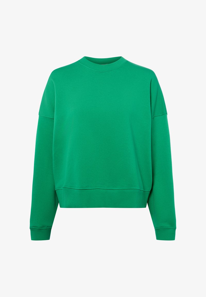 Groen crewneck-trui met lange mouwen, geribbelde boorden en zoom, weergegeven op een witte achtergrond.