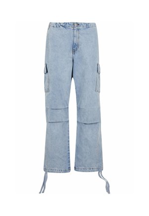 Heledad sinised teksad, lõdva istuvusega, millel on kaks küljetaskut, kummist vöökoht ja reguleeritavad pahkluu sidemed.