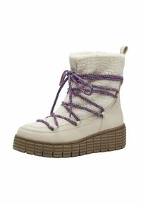 Witte enkelboot met nepbont kraag, gestreepte rubberen zool en meerkleurige gevlochten veters. Heeft een chunky plateau ontwerp.