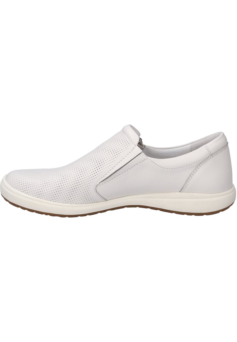 Weiße Slip-On-Schuhe mit perforiertem Lederobermaterial, abgerundeter Spitze und Gummisohle. Einfaches Design mit kontrastierenden Akzenten.