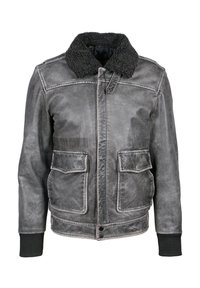 Graue Lederjacke mit einem schwarzen Lammfellkragen, zwei Fronttaschen, gerippten Bündchen und einer verblassten Textur. Akzentuiert mit einem Barcode-Detail.