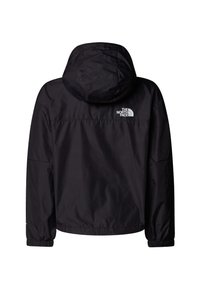 Svart huva jacka gjord av lätt och slätt material. Har elastiska ärmar och en logotyp på övre ryggen. Enkel, funktionell design.