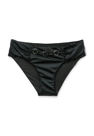 Black bikini bottom with gathered sides and three silver ring details on the front waistband, laid flat on white background.