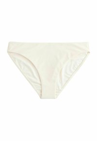Heller Bikini-Unterteil aus glattem, dehnbarem Stoff. Es hat einen mittelhohen Schnitt mit schmalen Seitenähten und einem nahtlosen Design.